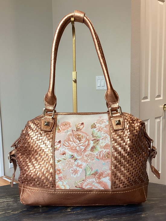Sharif Handbags - Sharif Rose Copper Woven Embroidered Floral Satchel